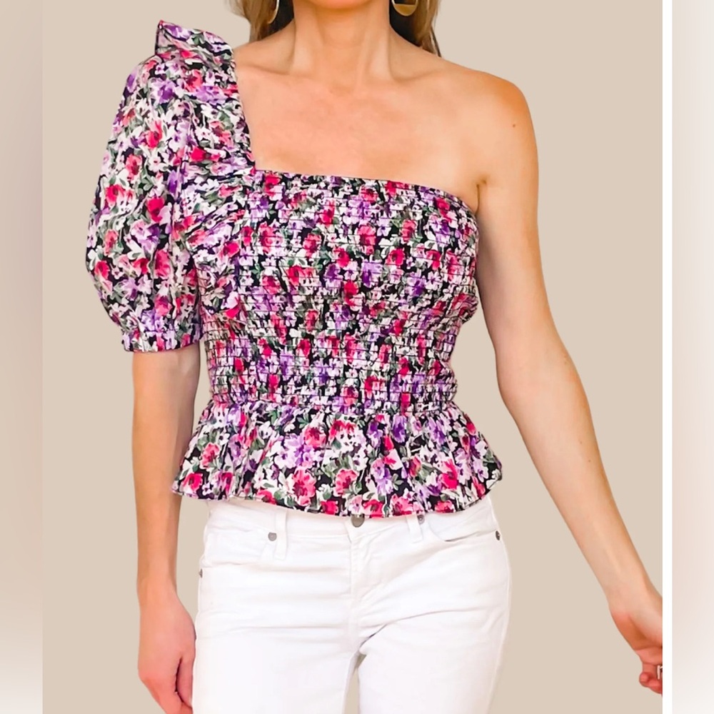 Floral Smocked one shoulder top with ruffle detail